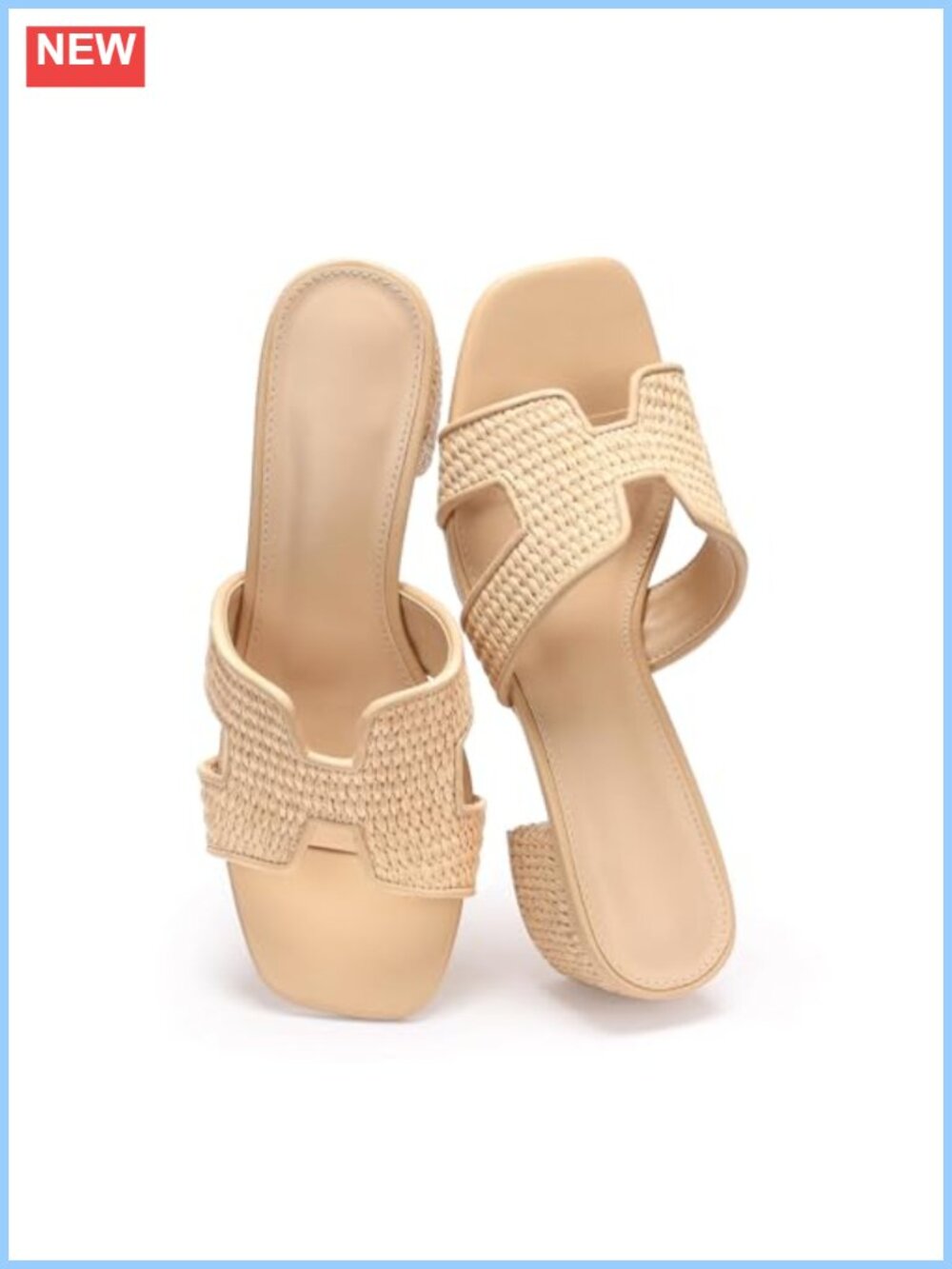 Raffia Low Block Heel Square Toe Cutout Slip On Mule Sandals